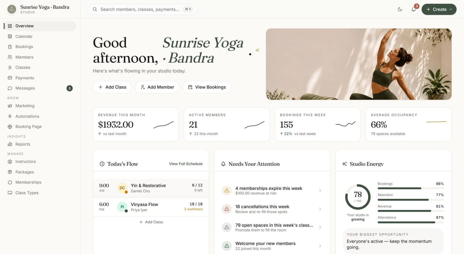The YogaTeacher studio dashboard — bookings, members, revenue and today's classes at a glance