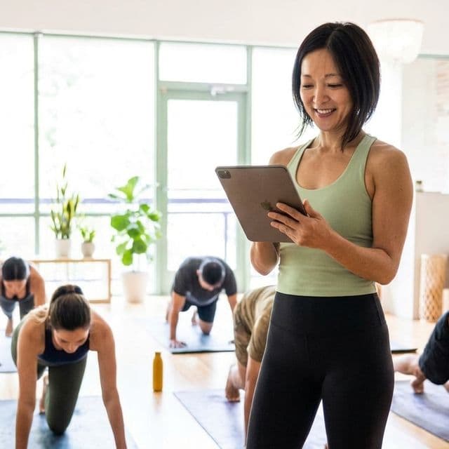 Yoga instructor checking the class schedule on a tablet while students hold a plank