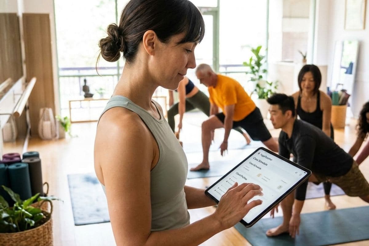Yoga instructor in a sage tank consulting her tablet while a class flows behind her